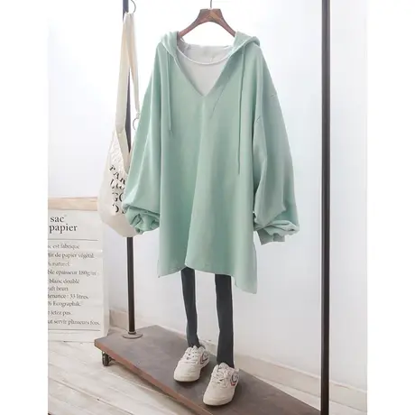 卫衣女春秋薄款韩国2022新款宽松大码V领连帽中长款开叉ins潮上衣商品大图