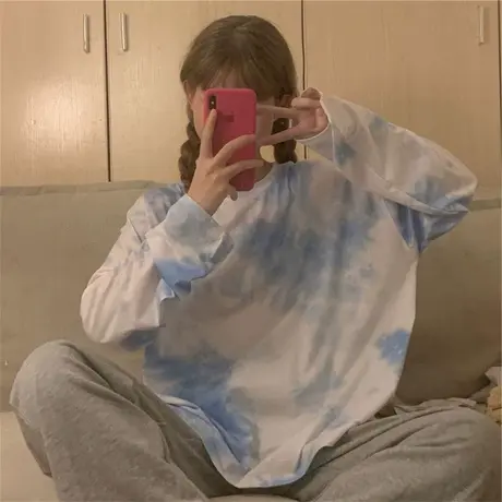 2023年早春新款夏季甜辣妹宽松小众别致扎染长袖t恤女装上衣潮ins图片