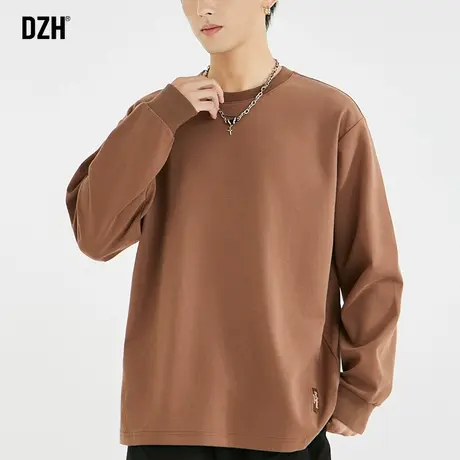 男士咖色长袖t恤男圆领宽松男装2023新款基础款春秋款打底衫上衣商品大图