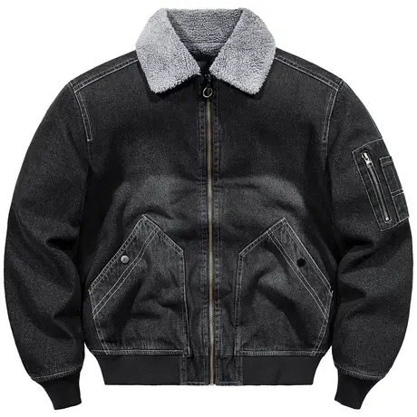 VIP冬季加绒加厚牛仔外套男士翻领棉衣服ma1飞行员夹克保暖棉袄潮商品大图