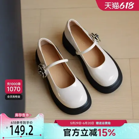 戈美其国风山茶花玛丽珍鞋女2025春季新款一字带魔术贴粗跟小皮鞋商品大图