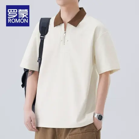 罗蒙撞色拼接男士短袖POLO衫2025新款休闲宽松翻领日系t恤上衣服商品大图