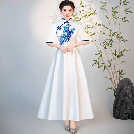 秋冬中长袖高中大学生合唱演出服礼仪颁奖礼服迎宾接待中式旗袍裙图片
