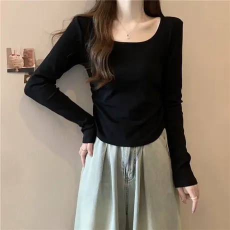 简约短款正肩长袖T恤女春秋韩版修身显瘦内搭方领上衣打底小衫潮商品大图