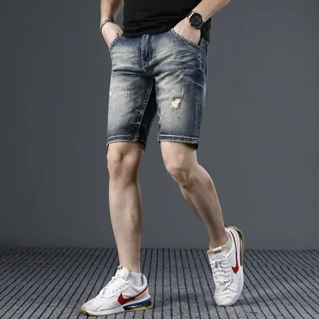 香港破洞牛仔短裤男五分裤复古水洗做旧修身2024新款弹力男士中裤商品大图