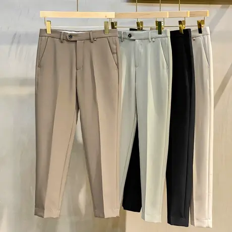 九分休闲裤男直筒修身小脚韩版潮流卡其色长裤子男士西裤夏季薄款商品大图