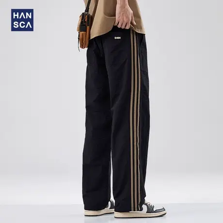hansca黑色条纹休闲裤男夏季薄款潮牌美式耐磨宽松直筒阔腿长裤子商品大图