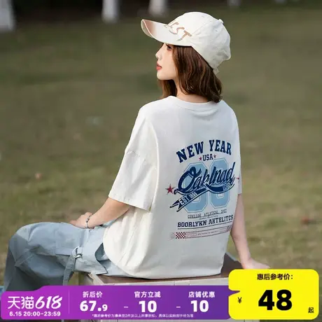 唐狮2025新款夏季复古美式短袖T恤女白色纯棉夏日穿搭休闲百搭商品大图