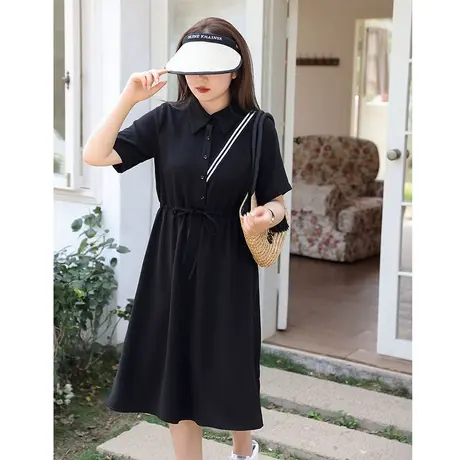 气质收腰长款衬衫领连衣裙2023年夏装新款显瘦胖MM妹妹大码小黑裙商品大图