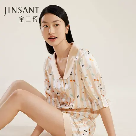 金三塔真丝睡衣女趣味条纹夏季新品100%桑蚕丝短袖短裤家居服套装商品大图