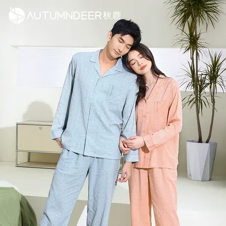 秋鹿情侣睡衣女2025春秋季新款男柔软透气舒适格纹刺绣家居服套装商品大图