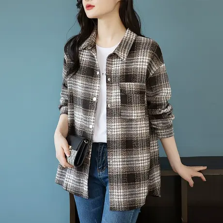 长袖衬衫女春秋新款加肥加大码宽松中年妈妈休闲中长款显瘦上衣衫商品大图