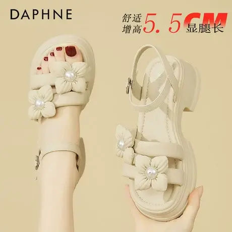 达芙妮厚底配裙子花朵凉鞋女2025夏季新款透气粗跟一字带沙滩凉鞋图片