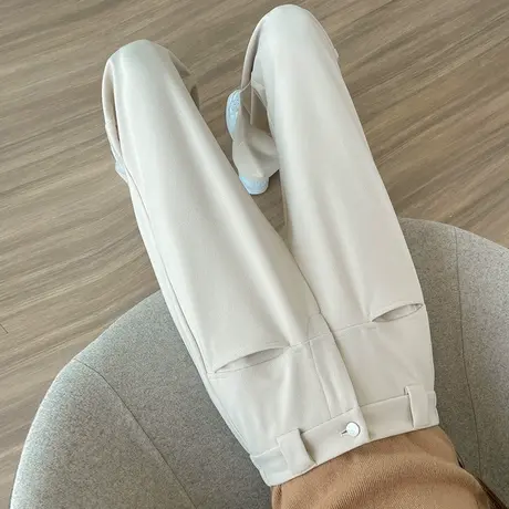 毛呢窄版阔腿裤高级感西装女秋冬季2023新款高腰杏色直筒针织裤子图片