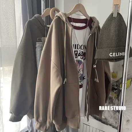 秋冬新款韩版加绒加厚保暖连帽拉链卫衣外套慵懒大版宽松显瘦男女商品大图