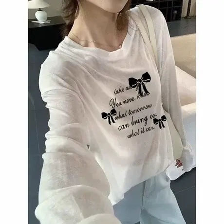 夏季白色空调衫正肩圆领长袖t恤女微透防晒罩衫上衣设计感小众ins图片