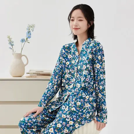 顶瓜瓜家居服女春秋款顶呱呱碎花满印女士纯棉V领长袖家居服套装商品大图