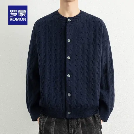 罗蒙男士时尚复古绞花针织开衫2025秋季新款长袖圆领纽扣宽松毛衣图片
