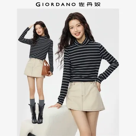 佐丹奴条纹修身t恤女装秋季新款纯棉高领打底衫长袖T恤女13325794商品大图
