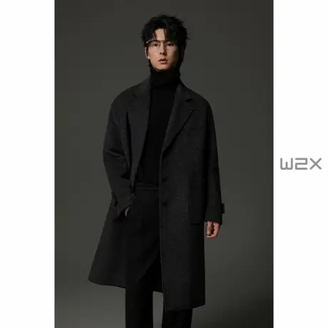 w2x冬季加厚宽松大斜纹羊毛呢子大衣男中长款韩版过膝风衣外套潮图片