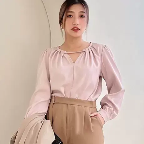 桔熊春秋温柔通勤舒适宽松雪纺衫公主袖上衣女胖妹妹大码AB18025图片