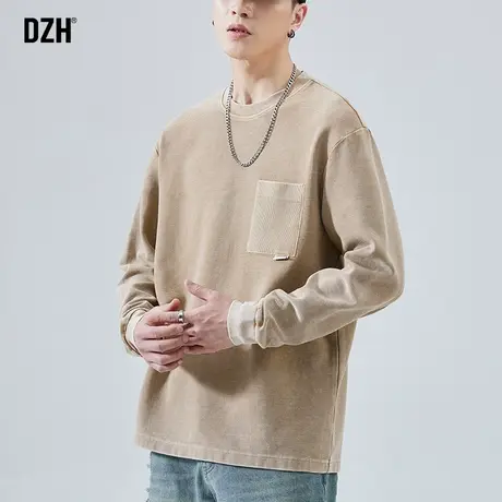 男士卡其色卫衣男圆领美式潮牌长袖上衣男装2023新款秋季外套打底商品大图