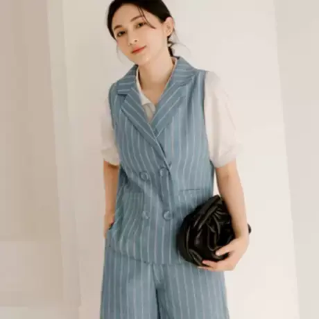 桔熊夏季通勤休闲舒适棉麻条纹宽松西装马甲无袖外套女大码EA3338图片