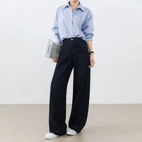 丹宁蓝复古牛仔阔腿裤女秋季2025韩版新款小个子宽松显瘦直筒长裤商品大图