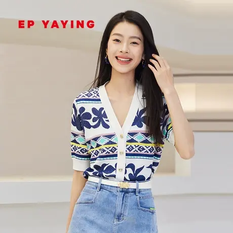 EP YAYING雅莹女装 镂空提花v领针织开衫 2023商场同款9159A商品大图
