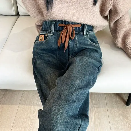 加绒牛仔裤女秋冬季新款高腰显瘦加厚保暖窄版直筒大码休闲烟管裤商品大图