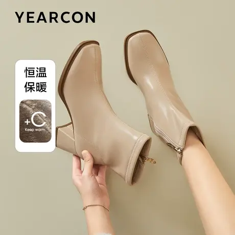 意尔康方头时装靴2023冬季加绒保暖法式高跟靴子小踝靴女瘦瘦短靴商品大图
