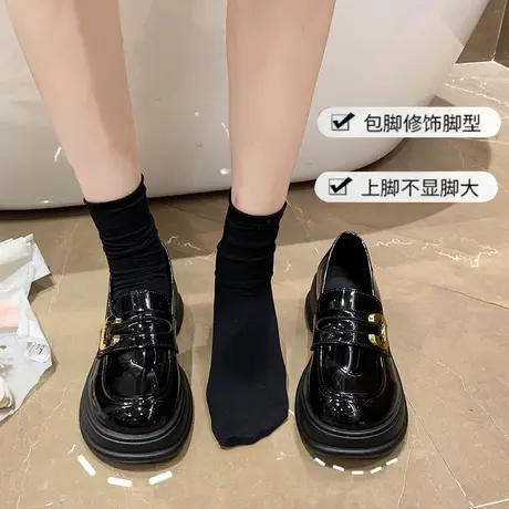 黑色小皮鞋女小众设计英伦风2023春秋新款复古粗跟一脚蹬乐福单鞋商品大图