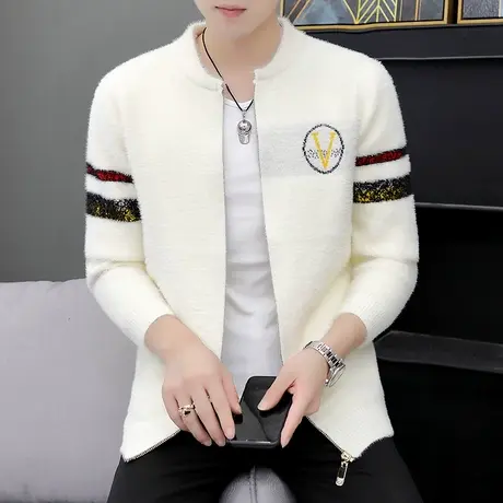 秋冬季加厚毛衣男韩版个性仿水貂绒外套帅气开衫潮针织夹克棒球服商品大图