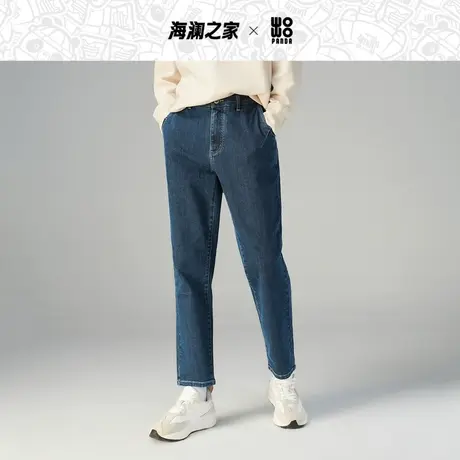 HLA/海澜之家panda wowo熊猫牛仔裤23秋冬猫须工艺微弹长裤男图片