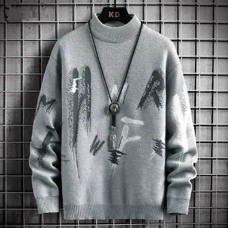 棉羊绒半高领毛衣男潮牌秋冬季打底针织衫男加厚保暖宽松毛衫线衣商品大图