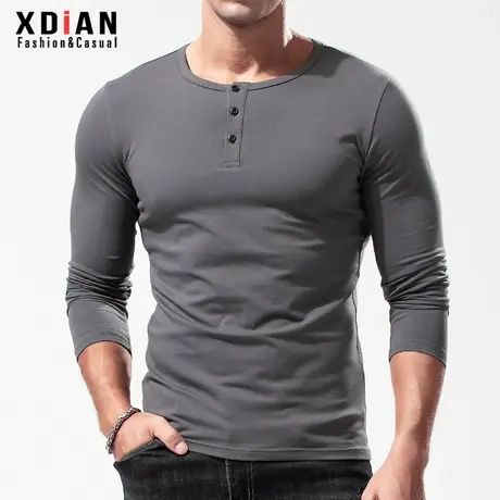 亨利领长袖t恤男春秋季纯棉修身紧身打底衫美式复古亨利衫内搭潮商品大图