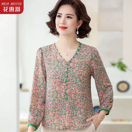 中年妈妈春装新款洋气T恤小衫碎花50岁中老年女装长袖打底衫上衣图片
