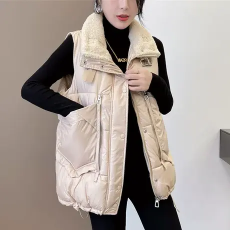 亮面羽绒棉马甲女短款2023秋冬季新款韩版宽松羊羔毛拼接背心外套图片