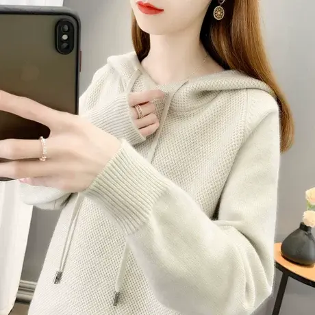 春秋女士针织衫毛衣卫衣打底衫连帽宽松套头长袖纯色百搭外穿上衣商品大图