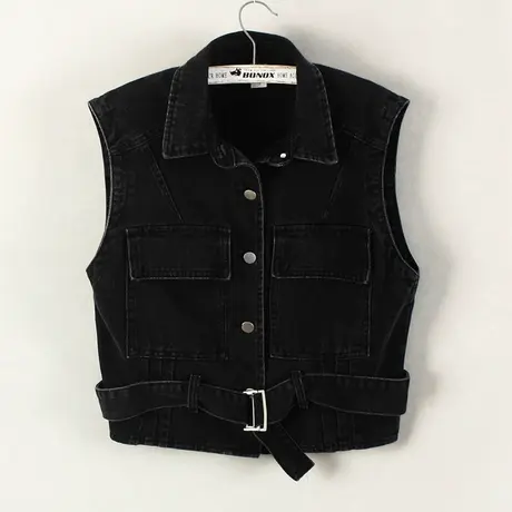 牛仔马甲背心女短款春秋复古休闲2024新款无袖外套黑色坎肩送腰带图片