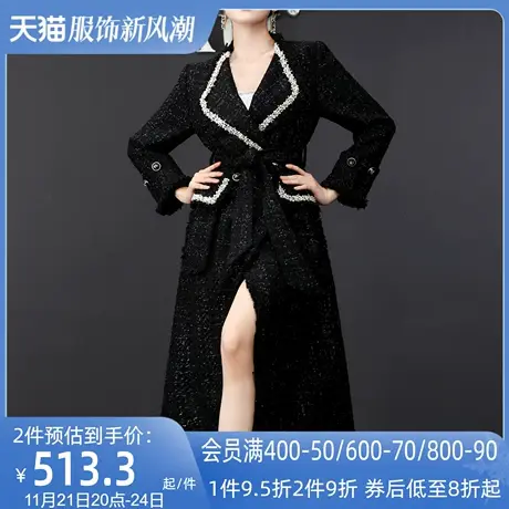 AUI黑色高端小香风长款修身外套女2023秋冬新款收腰显瘦翻领大衣图片