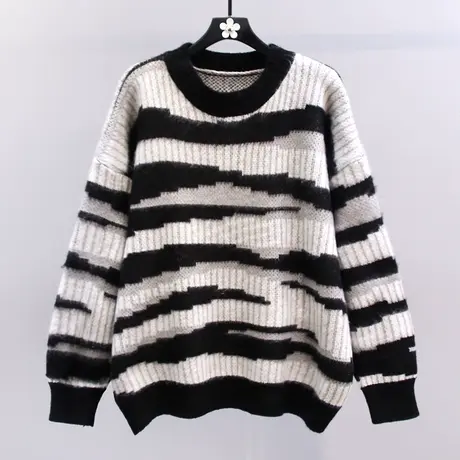 韩系撞色条纹套头毛衣女秋冬2023新款宽松慵懒风中长款针织衫上衣商品大图