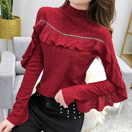 2024秋冬新款潮设计感烫钻T恤女长袖荷叶边洋气上衣半高领打底衫商品大图