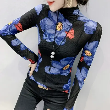 半高领打底衫女长袖秋冬新款复古印花网纱T恤修身紧身内搭上衣潮商品大图
