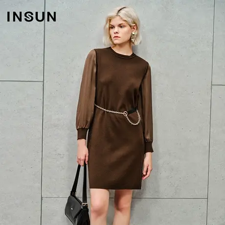INSUN恩裳线上专选秋季羊毛混纺针织拼接连衣裙商品大图