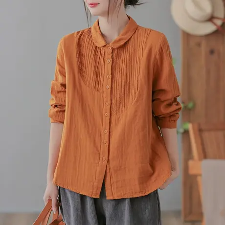 dza 复古纯色全棉风琴压褶长袖衬衫女士春秋内搭上衣休闲宽松衬衣图片
