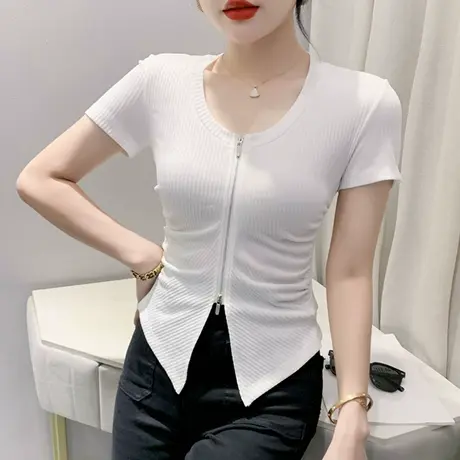 欧货性感开叉T恤女短袖夏装设计感小众拉链上衣百搭修身短款小衫商品大图