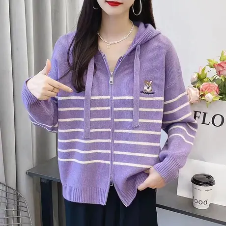 2023年秋季新款慵懒风条纹连帽针织开衫外套女加厚百搭拉链上衣女商品大图
