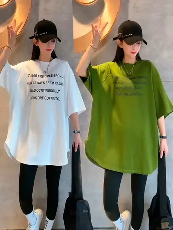 2023夏季新款下摆圆弧字母印花T恤女圆领大板型时尚百搭简约上衣商品大图