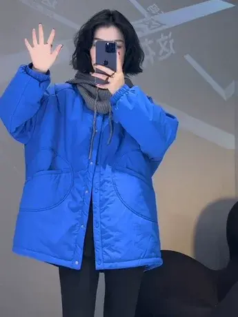 韩版糖果色圆领棉服外套女2023年秋冬季新款日系宽松休闲ins棉衣商品大图